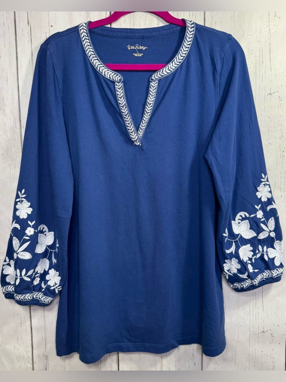 Lilly Pulitzer Blue Embroidered Tunic Top Boho Coastal Preppy Nautical Beachy  L